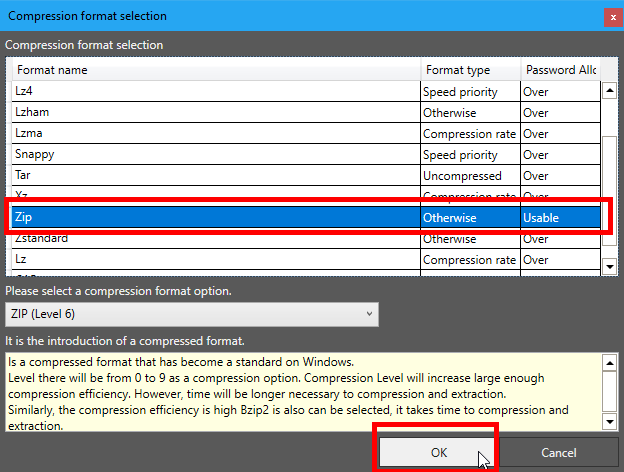 圧縮形式の選択